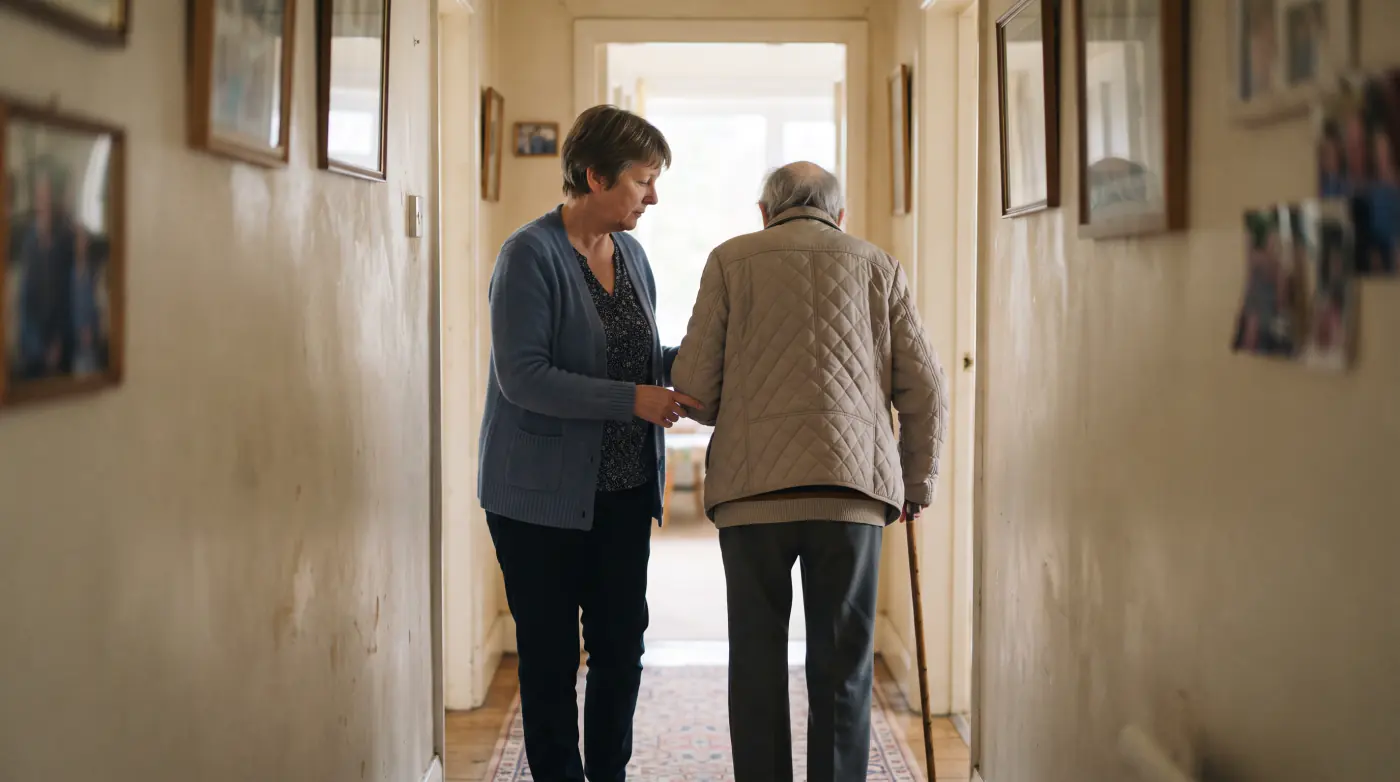 A carer and an older person walking slowly along a hallway at home