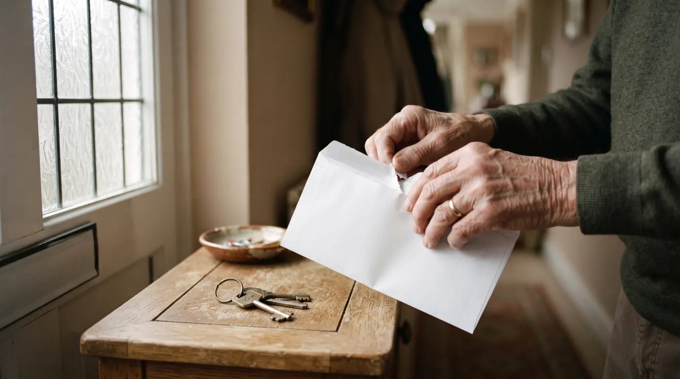 Hands opening an envelope at a hallway table