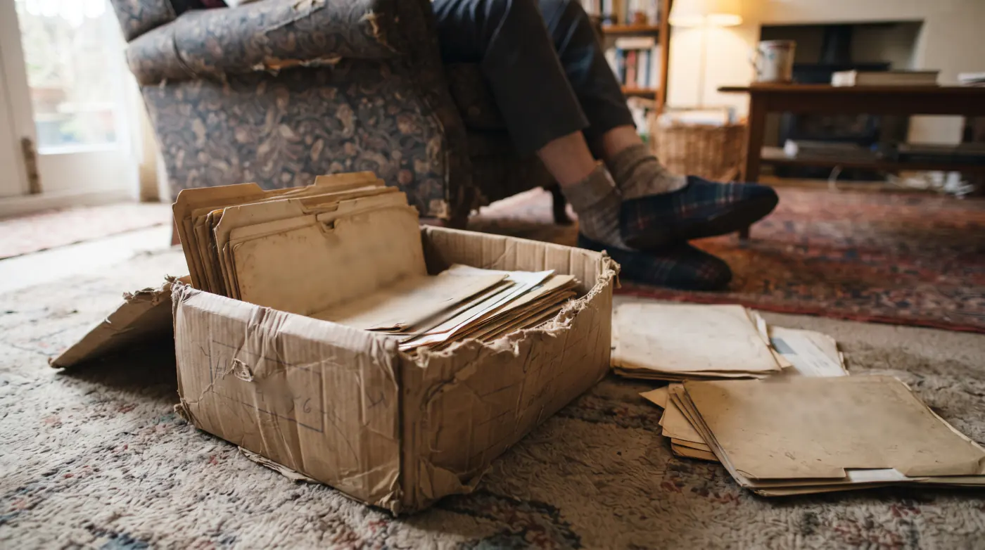 An old box file of papers open on a living-room floor