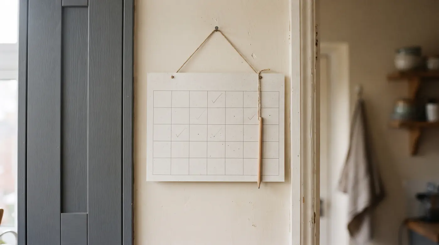 A wall calendar in a kitchen with a few days marked in pencil