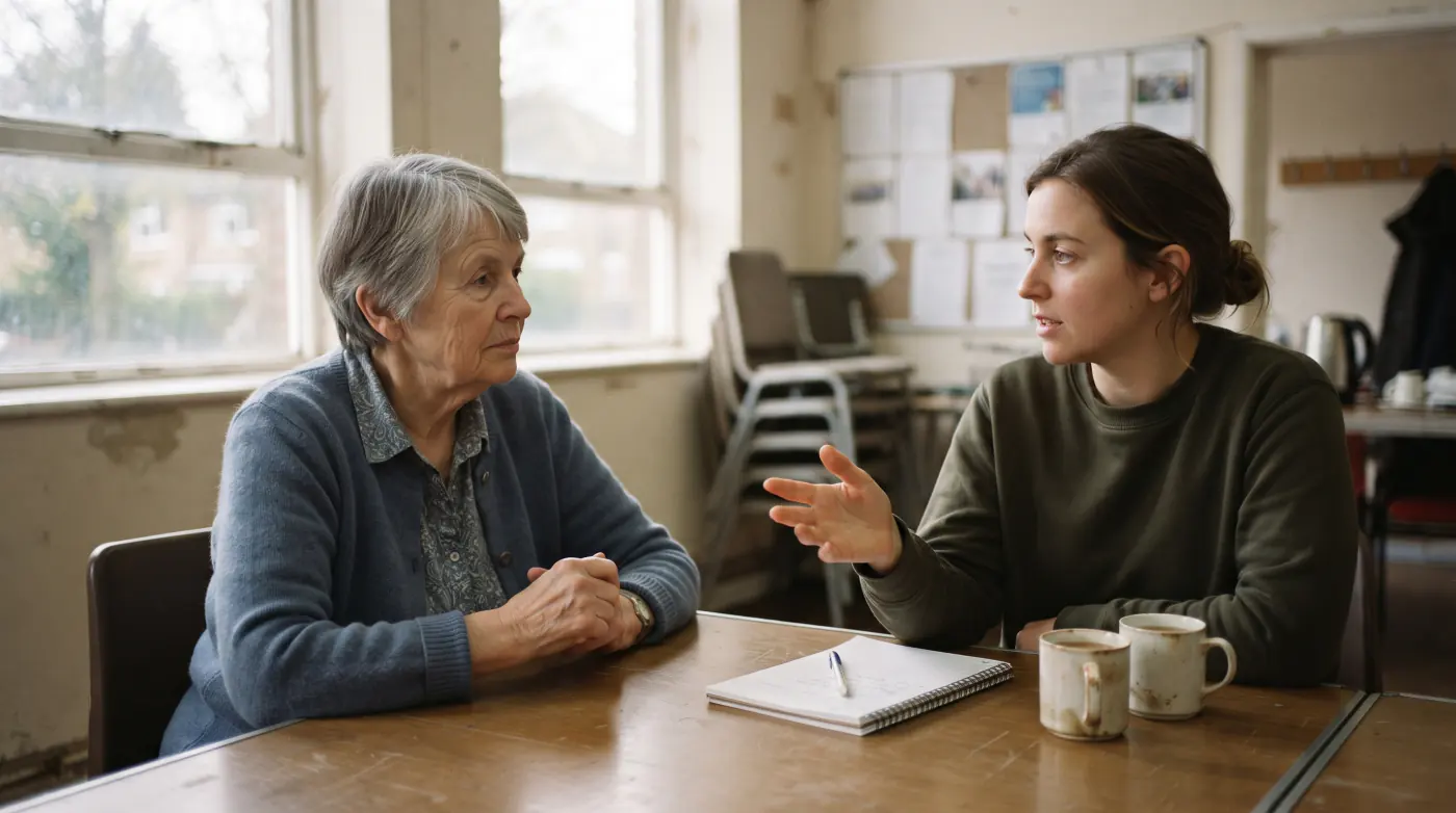 Two people talking across a table in a bright community room