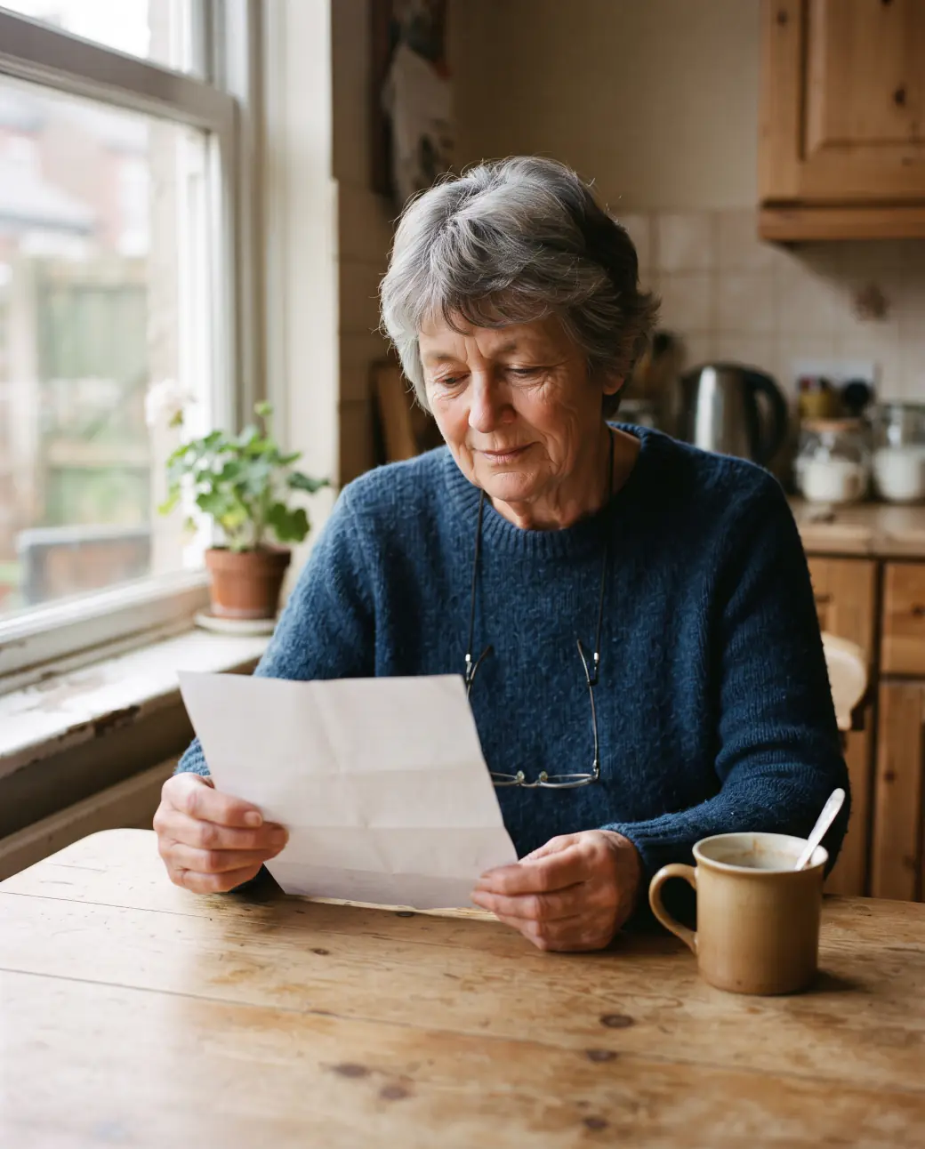 A woman in her late sixties at a kitchen table with a letter and a cup of tea, daylight from a window
