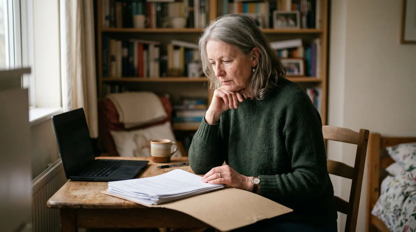 A woman in her sixties at a desk with a laptop and a folder of papers, checking a record
