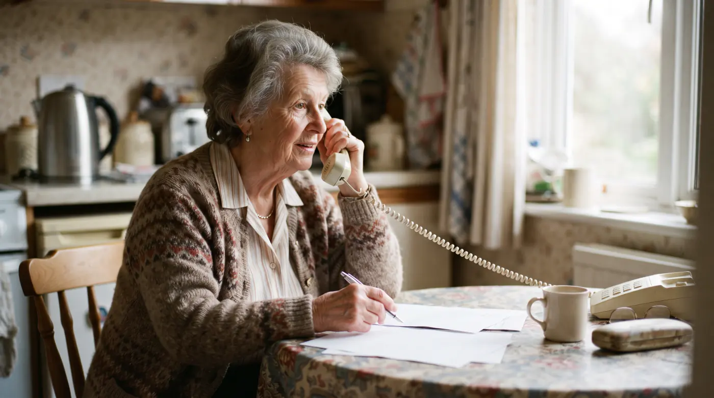 An older woman sitting at a table with paperwork and a telephone handset