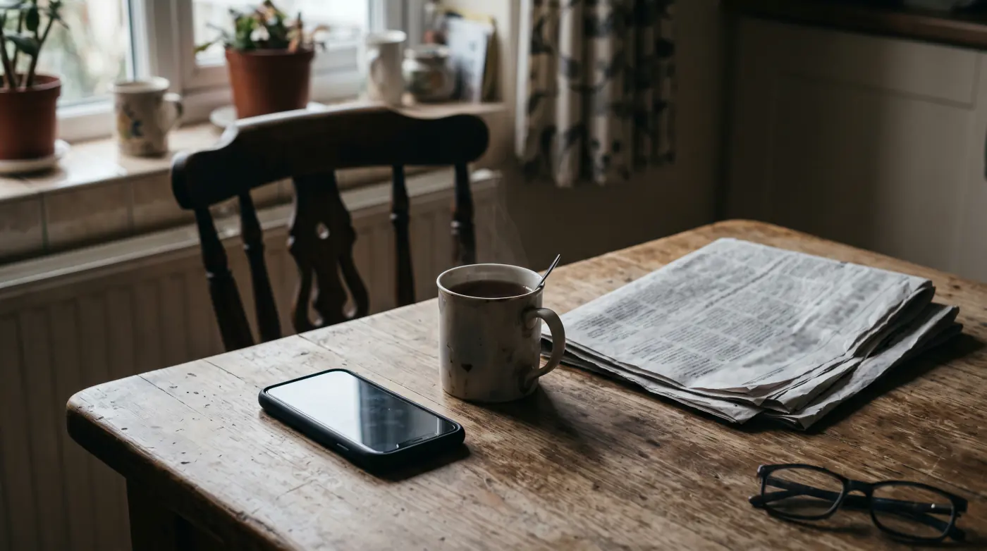 A phone face down on a table next to a cup of tea and a newspaper