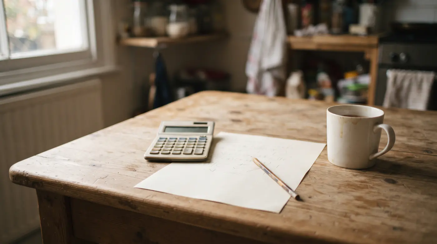 A calculator and a printed table on a wooden table in daylight
