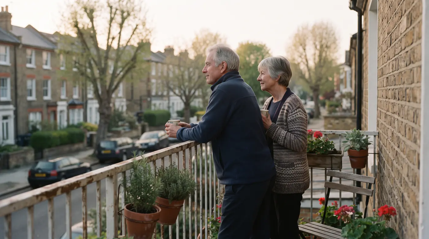 An older couple on a balcony in the morning with coffee, looking out over a quiet street