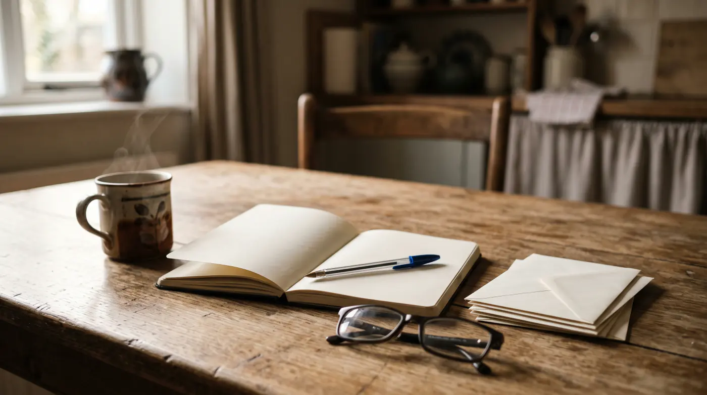A desk with an open notebook, a pen and a pair of reading glasses on a stack of letters