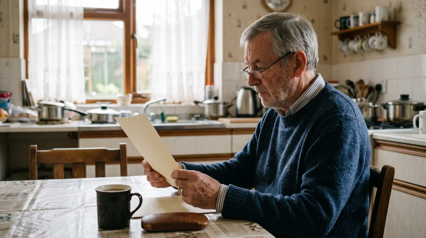 An older man at a kitchen table reading a letter beside a cup of tea, morning light through the window