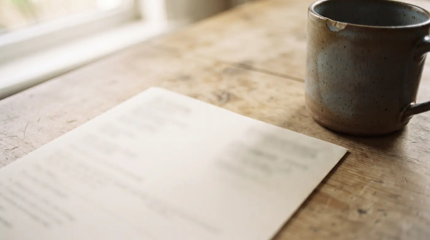 A close view of an unreadable printed form beside a mug on a table