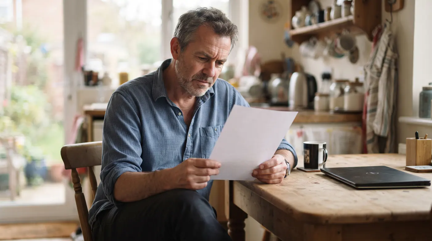 A man in his fifties reading a document at a dining table with a laptop closed beside him